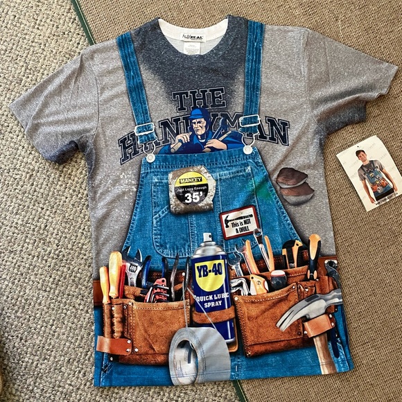 Other - New with tags!Faux real T-shirt
Size Small Graphic”The Handyman”
100% polyester